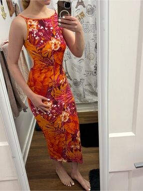 Women’s Tropical Floral Midi Dress in Orange & Magenta